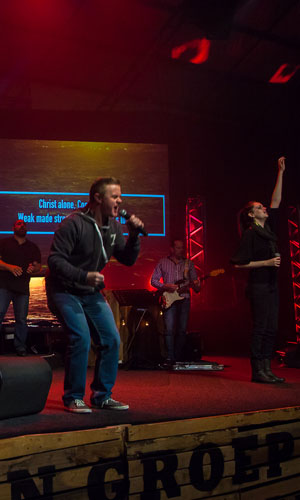 Worship band singing on stage